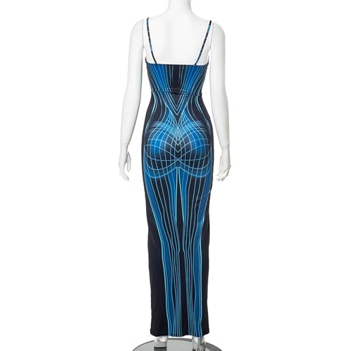 Women Sexy 3D Body Print Maxi Pencil Dress Sleeveless Cami Bodycon Dress Aesthetic Long Dresses Y2K Party Rave Outfits Black-Blue