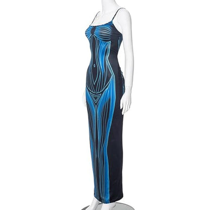 Women Sexy 3D Body Print Maxi Pencil Dress Sleeveless Cami Bodycon Dress Aesthetic Long Dresses Y2K Party Rave Outfits Black-Blue