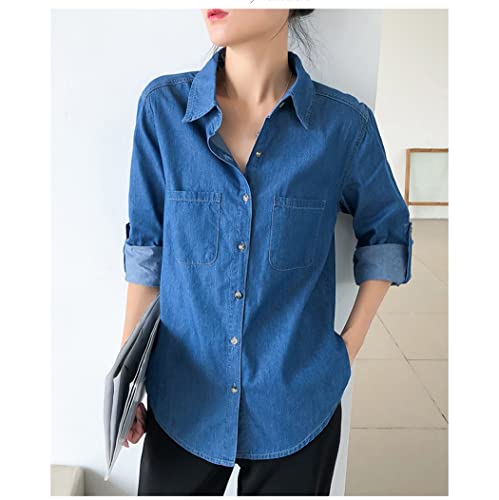 Spring Autumn Women Solid Color Basic Shirt Turn-Down Collar Long Sleeves Pocket Blouse Loose Thin Denim Casual Tops