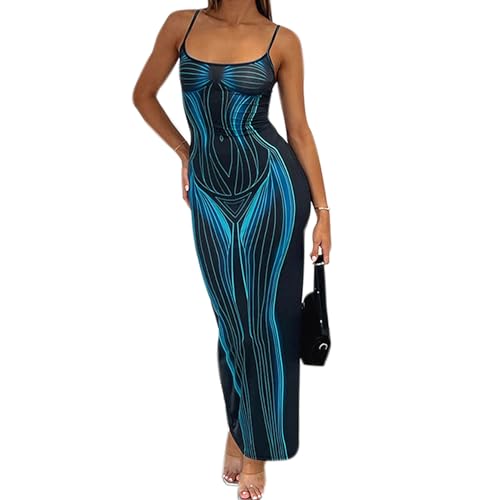 Women Sexy 3D Body Print Maxi Pencil Dress Sleeveless Cami Bodycon Dress Aesthetic Long Dresses Y2K Party Rave Outfits Black-Blue