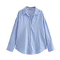 Womens Button Down Shirts Casual Striped Long Sleeve Loose Fit Collared Lapel V Neck Work Tops Dress Shirts Blouses Blue