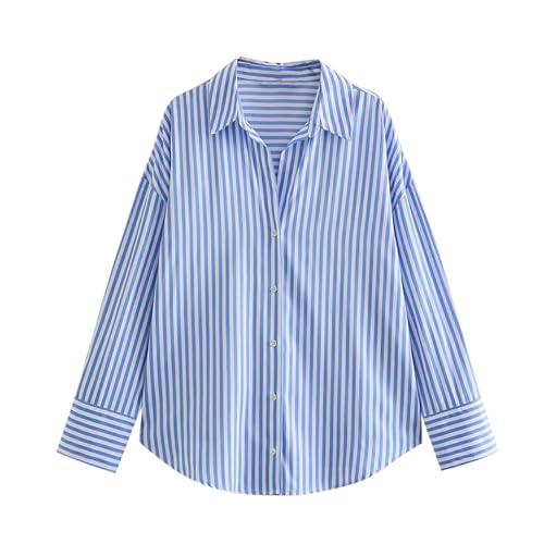 Womens Button Down Shirts Casual Striped Long Sleeve Loose Fit Collared Lapel V Neck Work Tops Dress Shirts Blouses Blue