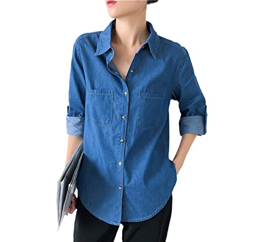 Spring Autumn Women Solid Color Basic Shirt Turn-Down Collar Long Sleeves Pocket Blouse Loose Thin Denim Casual Tops