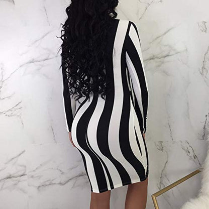 Night Sexy Dresses Evening Party Wedding Club Dress for Women Stripe Printed Deep V Neck Long sleeves Bandage Buttocks Dress (L, Black)