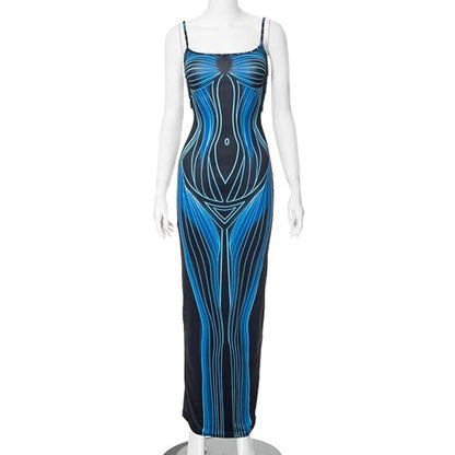 Women Sexy 3D Body Print Maxi Pencil Dress Sleeveless Cami Bodycon Dress Aesthetic Long Dresses Y2K Party Rave Outfits Black-Blue