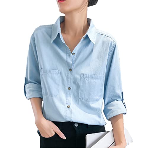 Spring Autumn Women Solid Color Basic Shirt Turn-Down Collar Long Sleeves Pocket Blouse Loose Thin Denim Casual Tops