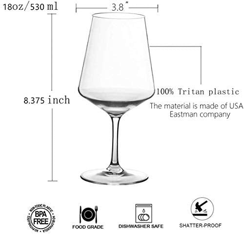 Unbreakable Wine Glasses-100% Tritan Plastic Stem Wine Glasses, set of 6-All Purpose,Red or White Wine Glass,Dishwasher Safe,BPA Free (18-ounce)