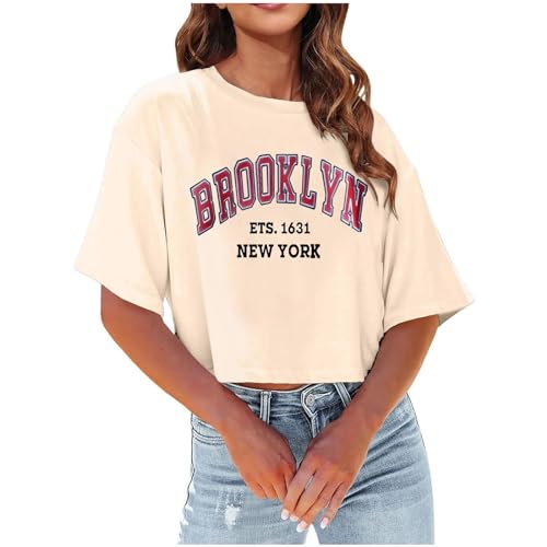 Summer Womens Casual Short Sleeve Crewneck Shirts Lightweight Soft Casual Letter Print Tops Ladies Long (Beige, S)