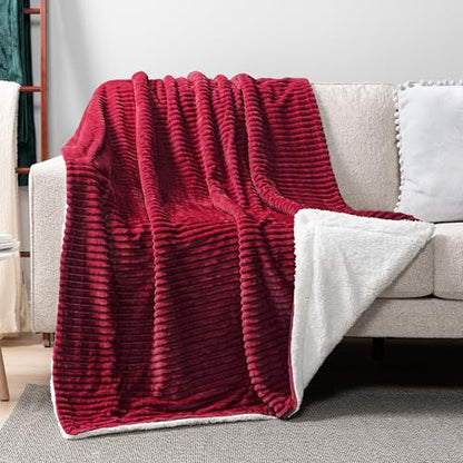 PAVILIA Wine Red Burgundy Sherpa Fleece Throw Blanket for Couch Twin, Soft Plush Fuzzy Blankets, Fluffy Flannel Sherpa Blanket for Bed, Warm 3D Ribbed Winter Blanket Gift, 60x80 inches Homeware