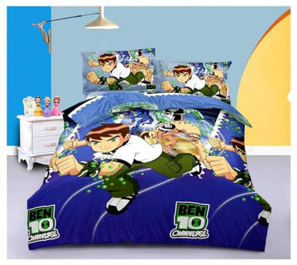 Viaancollection Kids Cartoon Ben Ten Printed Cotton Double Bed Sheet with 2 Pillow Covers