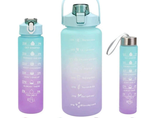 3 Pcs Motivational Water Bottle with Time Marker, 64oz 32oz 16oz Half Gallon Water Bottle with Straw, Leakproof Water Jug for Fitness, Gym, Outdoor,Travel,BPA Free(Blue-Purple-green) Home (PURPLE) Daily Deal