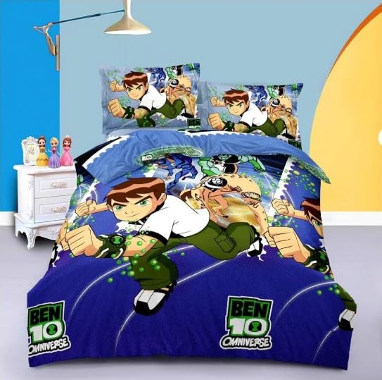 Viaancollection Kids Cartoon Ben Ten Printed Cotton Double Bed Sheet with 2 Pillow Covers