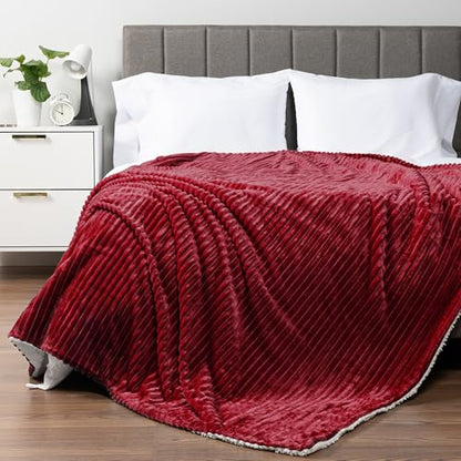 PAVILIA Wine Red Burgundy Sherpa Fleece Throw Blanket for Couch Twin, Soft Plush Fuzzy Blankets, Fluffy Flannel Sherpa Blanket for Bed, Warm 3D Ribbed Winter Blanket Gift, 60x80 inches Homeware