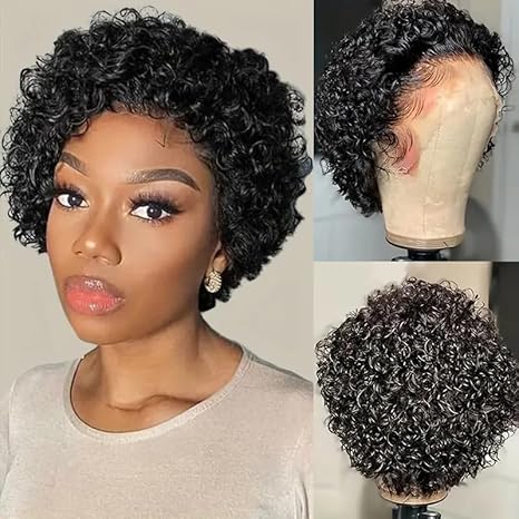 Premium Pixie Cut Human Hair Wig - Short, Water Wave Curls - HD Lace Front, Pre-Plucked, 150% Density Wig for Women - Natural, Easy-Style, 13x1 Swiss Lace (Black)