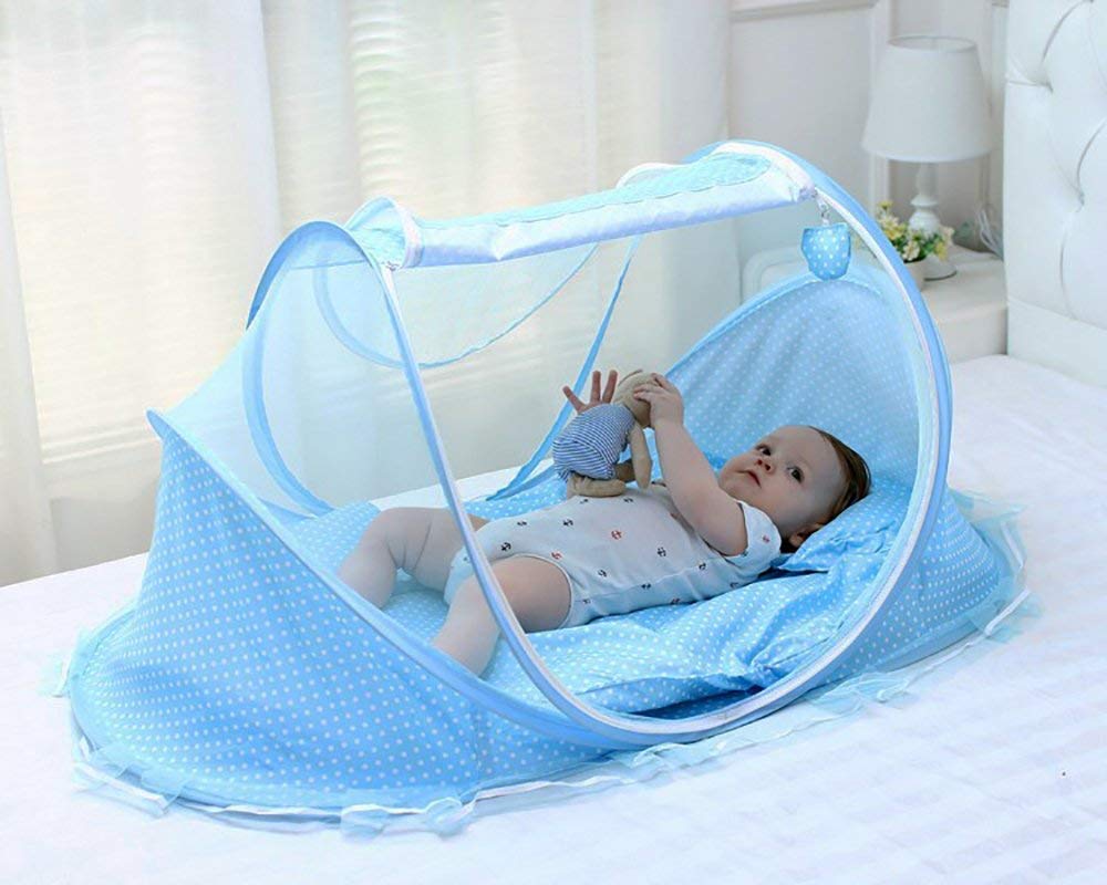 GOLKIPAR Portable Folding Baby Mosquito net with Sleeping pad & Soft Pillow 0-3 Years Old Baby Bed Canopy Indoor/Outdoor Decoration Bed Crib Travel Cot Tent Bedroom Cushion for Outdoor Camping Home Kid