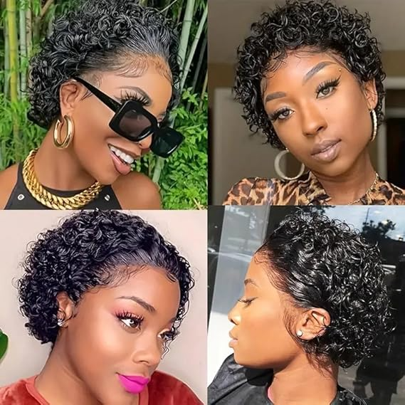 Premium Pixie Cut Human Hair Wig - Short, Water Wave Curls - HD Lace Front, Pre-Plucked, 150% Density Wig for Women - Natural, Easy-Style, 13x1 Swiss Lace (Black)