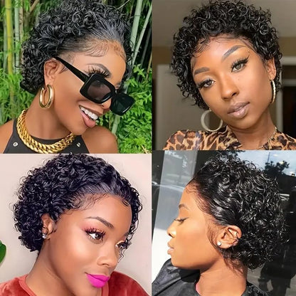 ZARUFS Premium Pixie Cut Human Hair Wig - Short, Water Wave Curls - HD Lace Front, Pre-Plucked, 150% Density Wig for Women - Natural, Easy-Style, 13x1 Swiss Lace (Black)