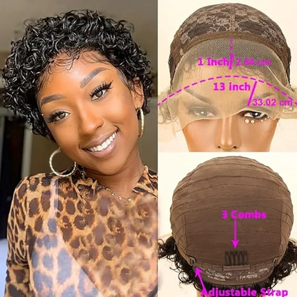 Premium Pixie Cut Human Hair Wig - Short, Water Wave Curls - HD Lace Front, Pre-Plucked, 150% Density Wig for Women - Natural, Easy-Style, 13x1 Swiss Lace (Black)