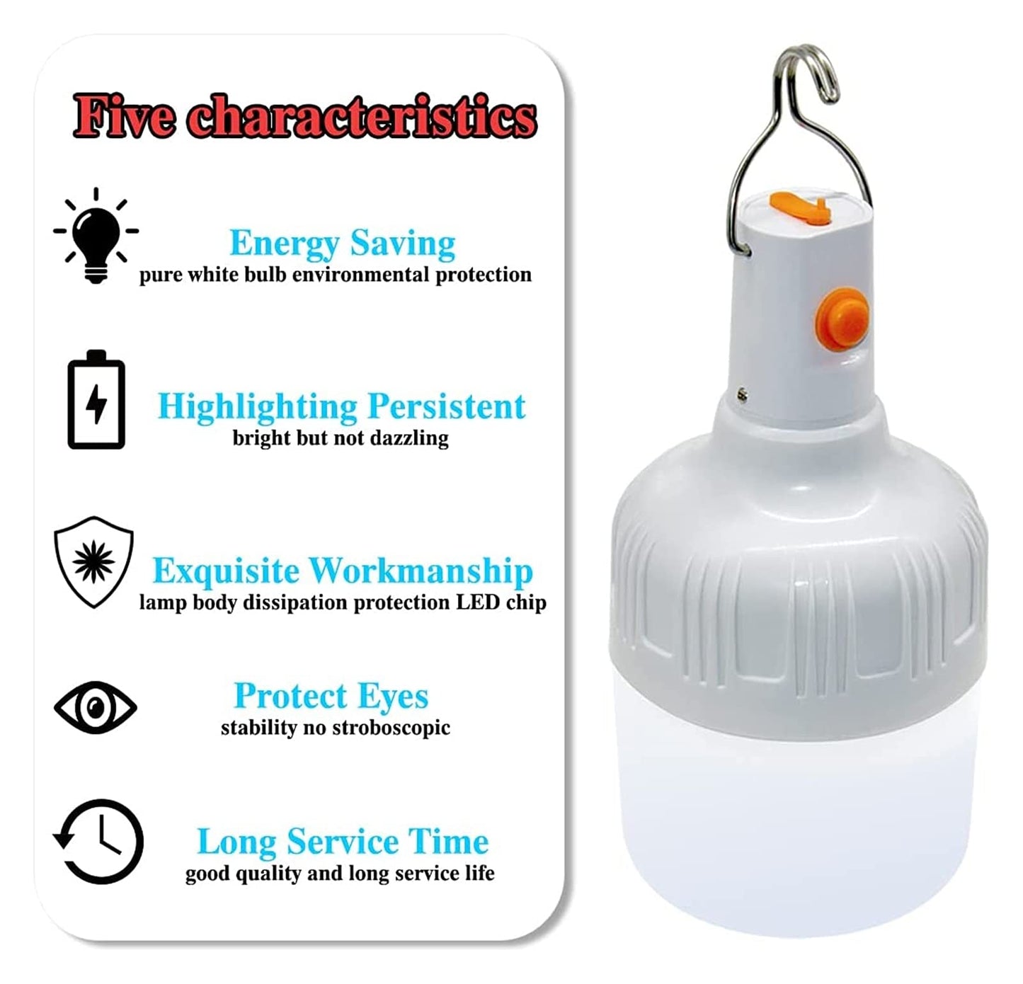 2 PCs LED Rechargeable Light Bulb, Tent Lantern Battery Powered Outdoor Lamp with Hook and USB, 30W 500 Lumens Stable Lighting Portable Outdoor for Emergency Camping Patio Garden BBQ