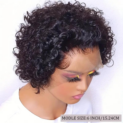 Premium Pixie Cut Human Hair Wig - Short, Water Wave Curls - HD Lace Front, Pre-Plucked, 150% Density Wig for Women - Natural, Easy-Style, 13x1 Swiss Lace (Black)