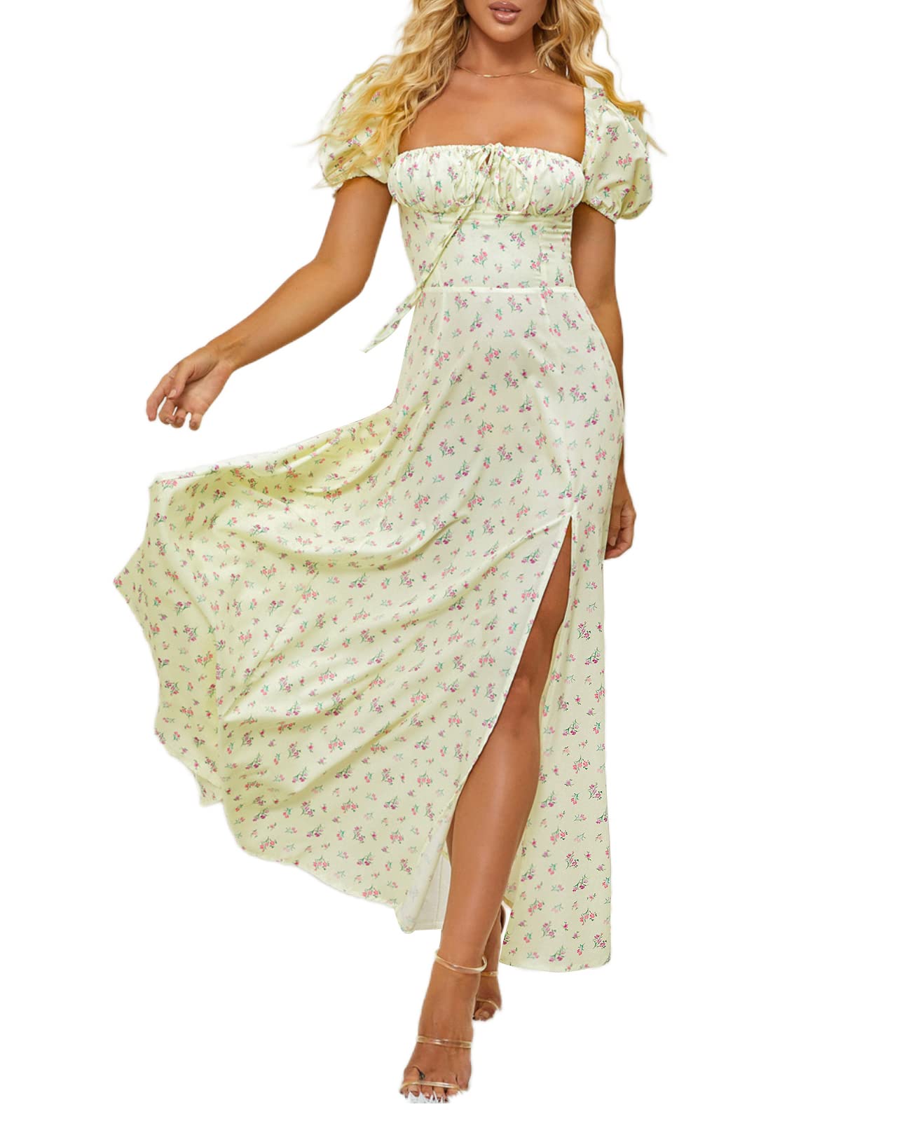 Women's Summer Puff Sleeve Floral Print Split Maxi Dress Flowy A Line Casual Beach Long Dresses-Yellow-M Summer