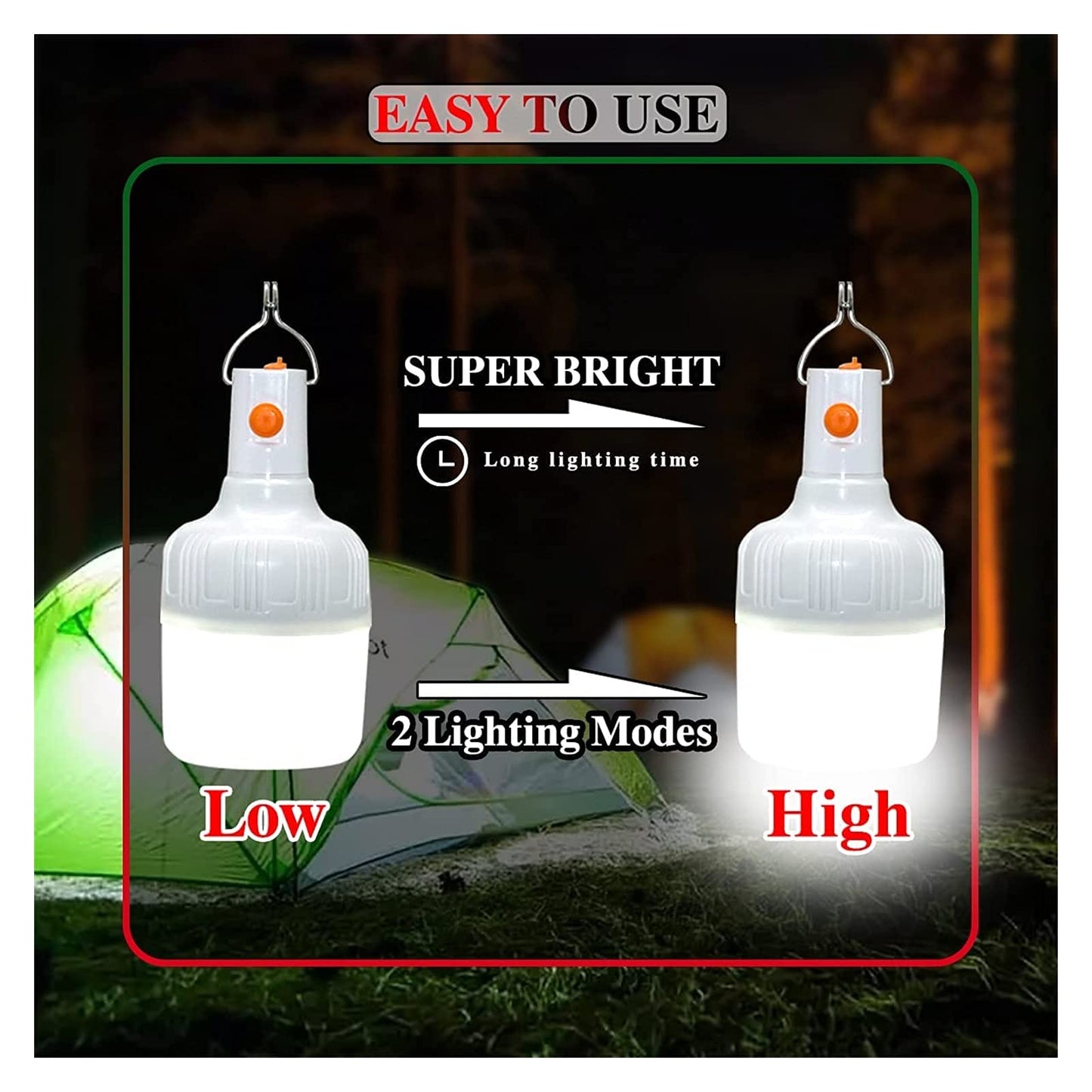 2 PCs LED Rechargeable Light Bulb, Tent Lantern Battery Powered Outdoor Lamp with Hook and USB, 30W 500 Lumens Stable Lighting Portable Outdoor for Emergency Camping Patio Garden BBQ