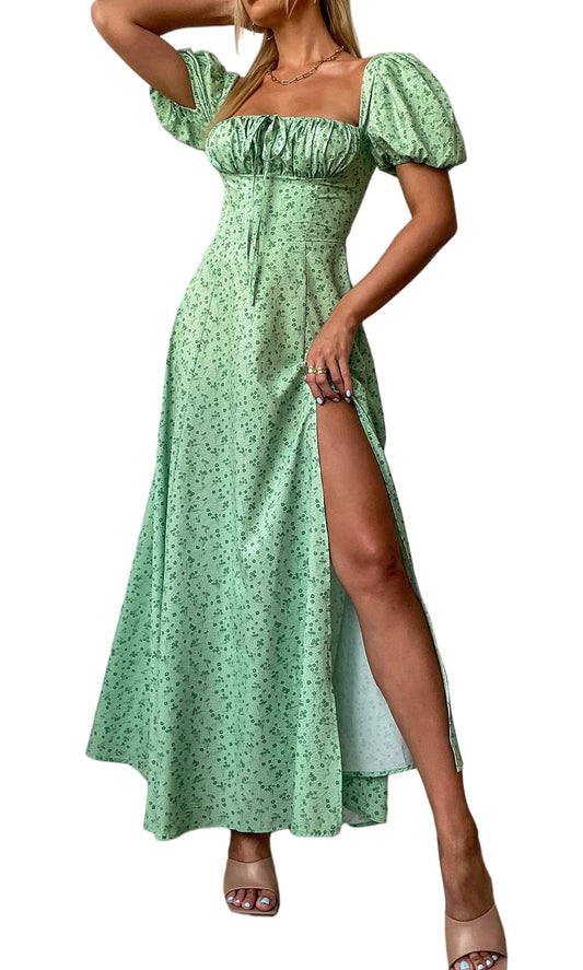 Women's Summer Puff Sleeve Floral Split Maxi Dress Flowy A Line Casual Beach Long Dresses-Green-M