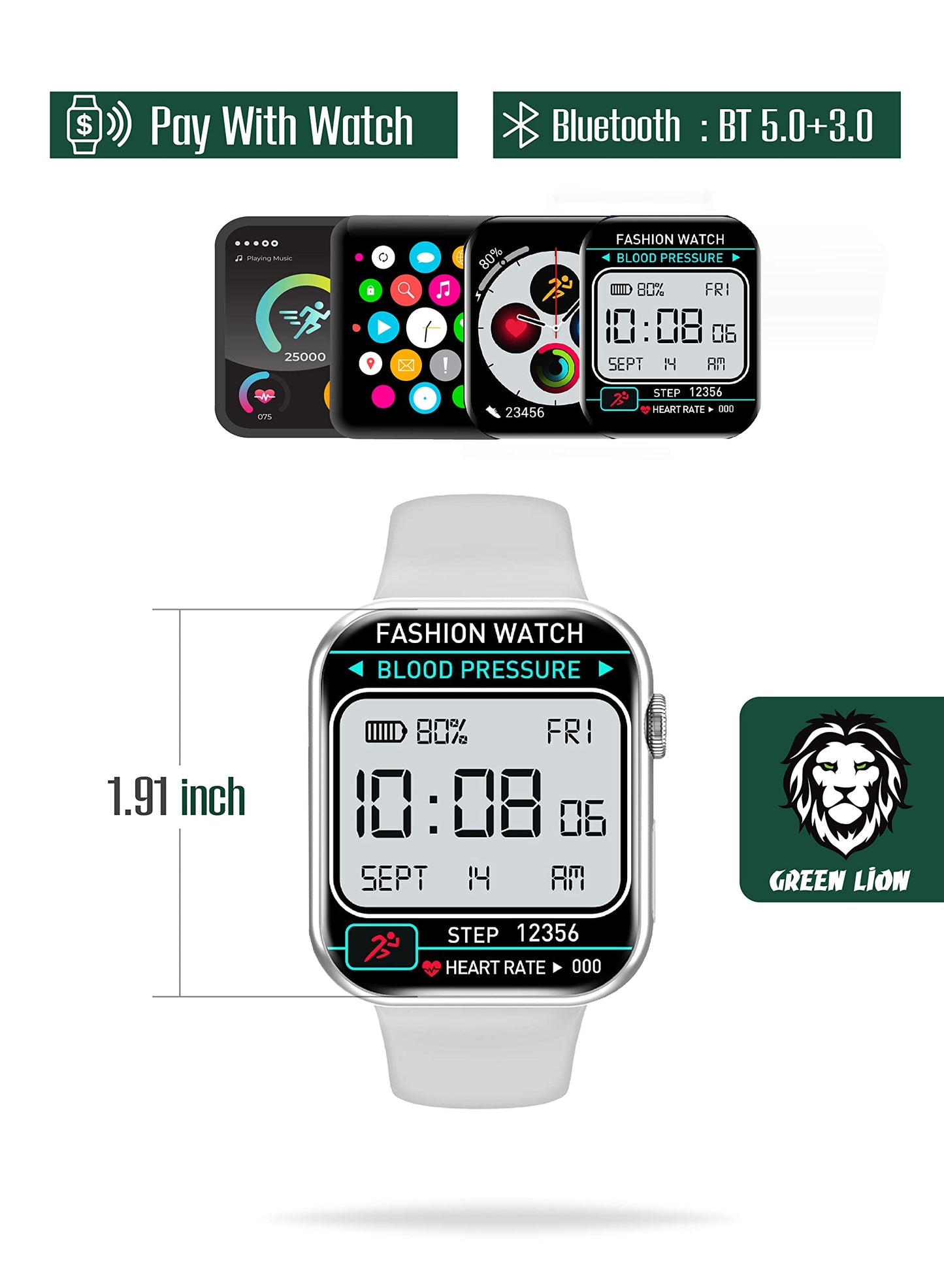 Green Lion Active Pro Smart Watch 10 Days Standby Time Double Tap Function Silicone Strap Included Always On Display Multiple NFC 64MB ROM Bluetooth V5.0 IP67 - Silver