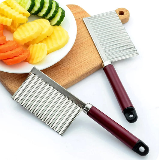 Potato Chipper Stainless Steel Crinkle Slicer Wavy Blade Chips Cutter Kitchen Cooking Tool for Chips French Fries Vegetables Fruits (1 x Maroon Crinkle Cutter)