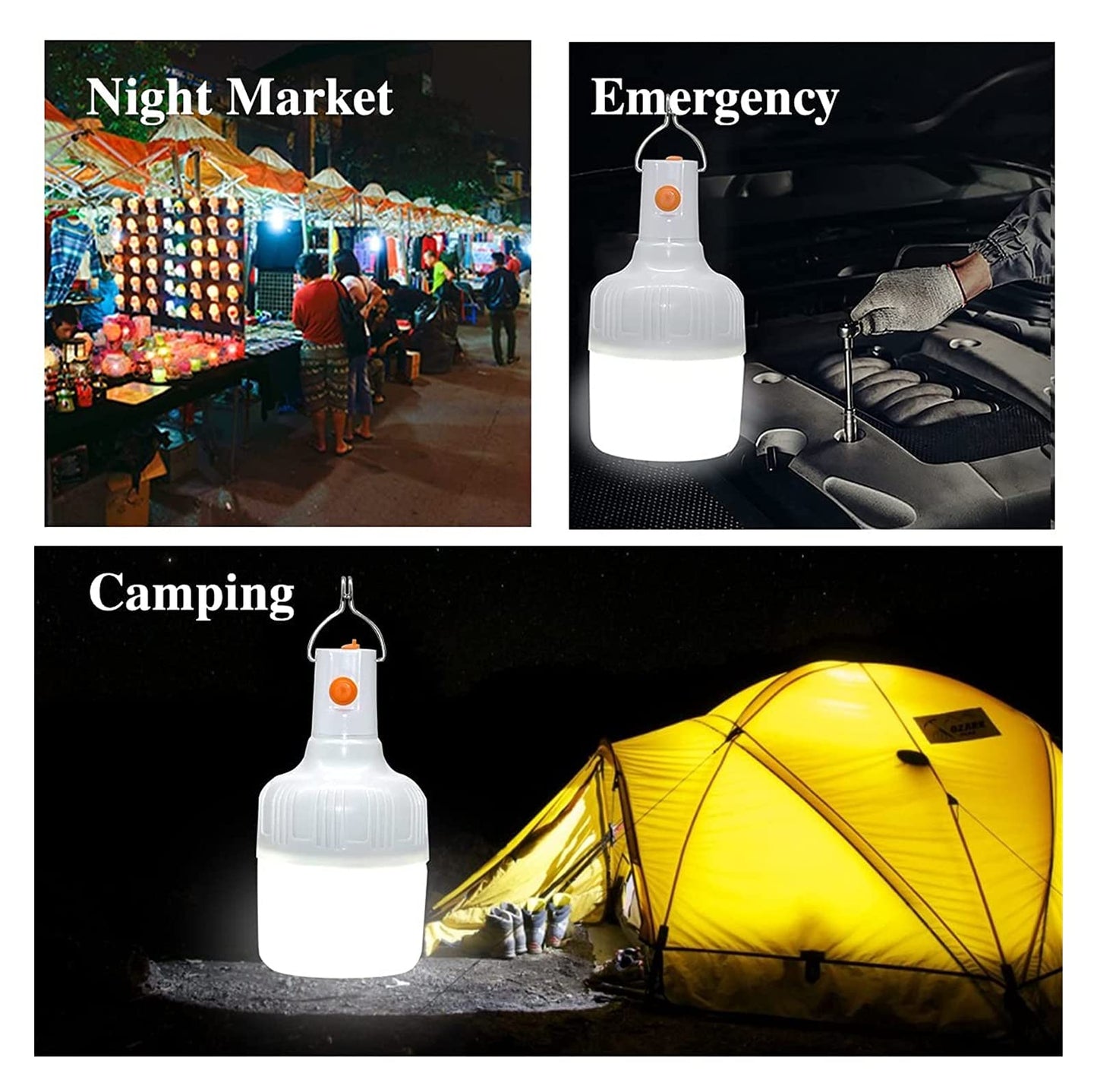 2 PCs LED Rechargeable Light Bulb, Tent Lantern Battery Powered Outdoor Lamp with Hook and USB, 30W 500 Lumens Stable Lighting Portable Outdoor for Emergency Camping Patio Garden BBQ