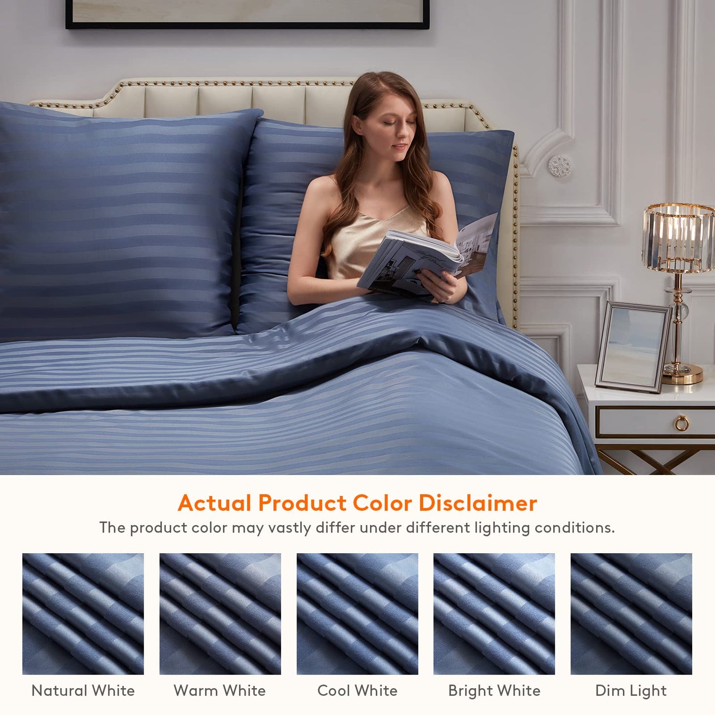 Lifewit Bedding Set, Satin Stripes, Microfibre, Ultra-Soft Duvet Cover and 2 Pillowcases, 200 x 200 cm, Blue