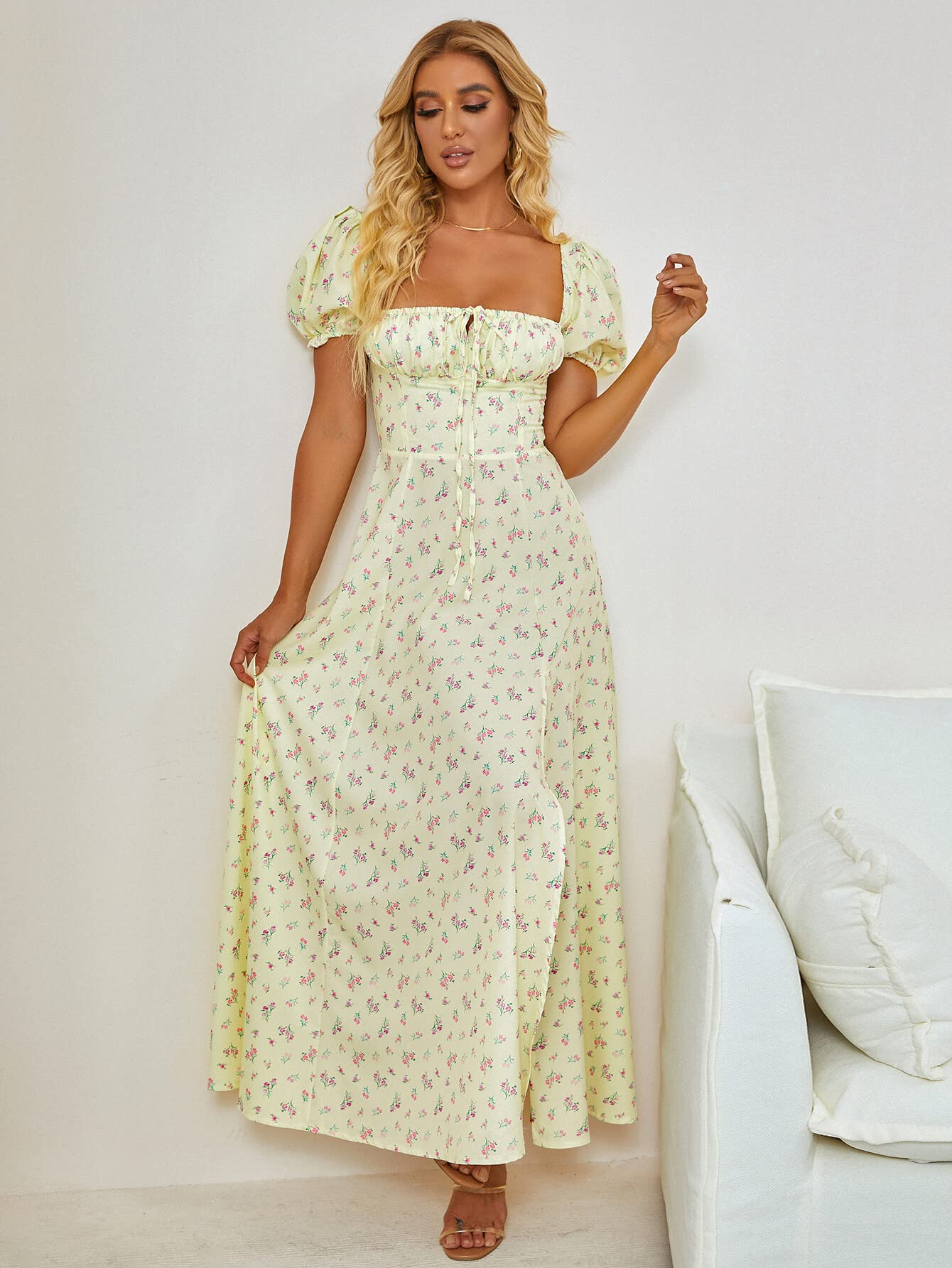 Women's Summer Puff Sleeve Floral Print Split Maxi Dress Flowy A Line Casual Beach Long Dresses-Yellow-M Summer