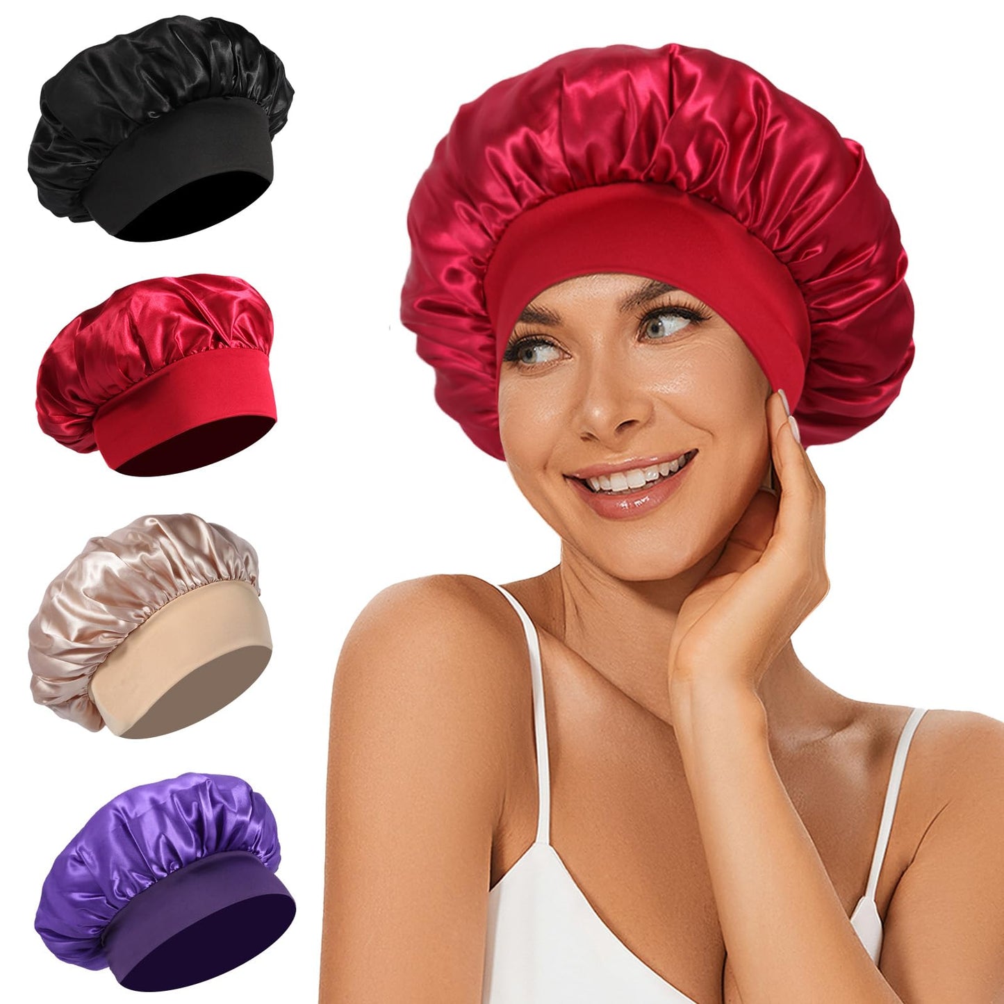 Satin Bonnet Silk Bonnet, Hair Bonnet for Sleeping, Elastic Wide Band Silk Sleep Cap, Soft and Breathable (Black Red Purple Gold) Women