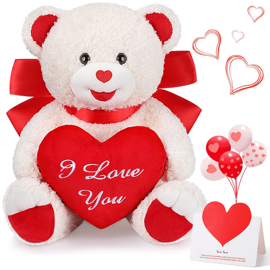 Leitee Stuffed Bear with Heart Gift 11 Inch Valentine's Day Red Big Bow Heart Pocket Plush Bear with Cards for Girlfriend and Kids Valentine Day Toy