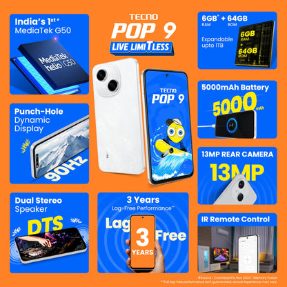 TECNO POP 9 (Glittery White, 3GB+64GB) |IP54 Rated | IR Remote | Dual Speaker with DTS | 36 Month Lag Free Fluency | 15W Fast Charging Support | 5000 mAh Battery