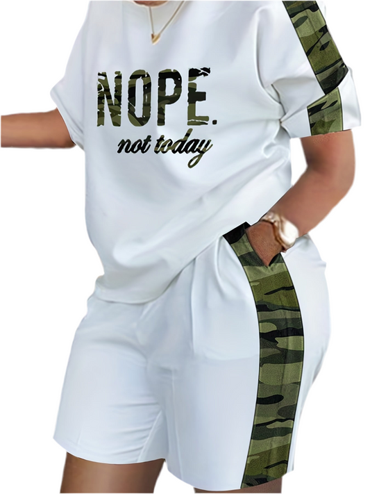 Two Piece Set, Women's Plus Letter Print Contrast Panel Short Sleeve Tee & Shorts Outfits 2 Piece Set New Arrivals