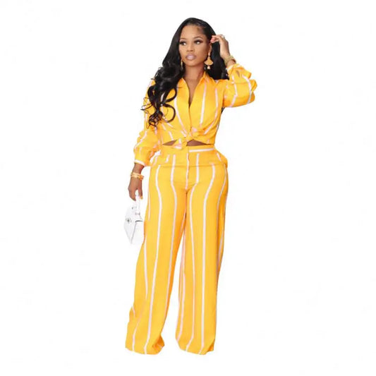 Women Two Piece Set Casual Stripes Print Long Sleeve Shirt Tops & Wide Leg Pants Set Daily Deal